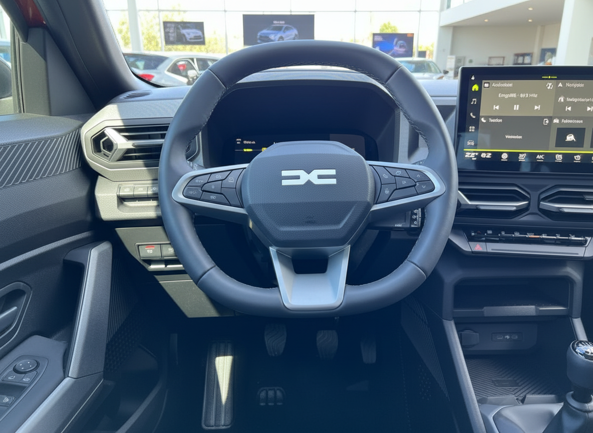 Dacia Innenraum mit Lenkrad und Infotainment-Display im Autohaus