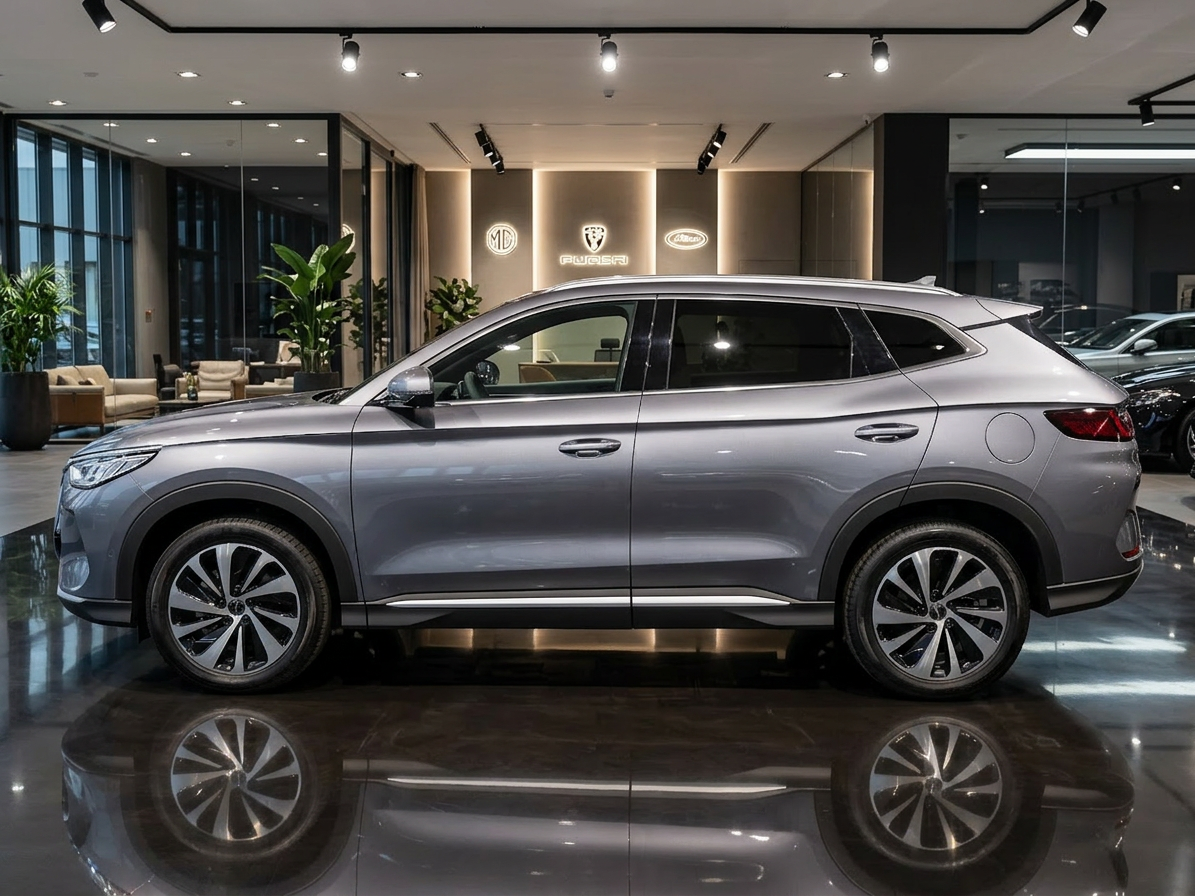 Grauer SUV Seitenansicht vor modernem Betongebäude – Neuwagen Profil