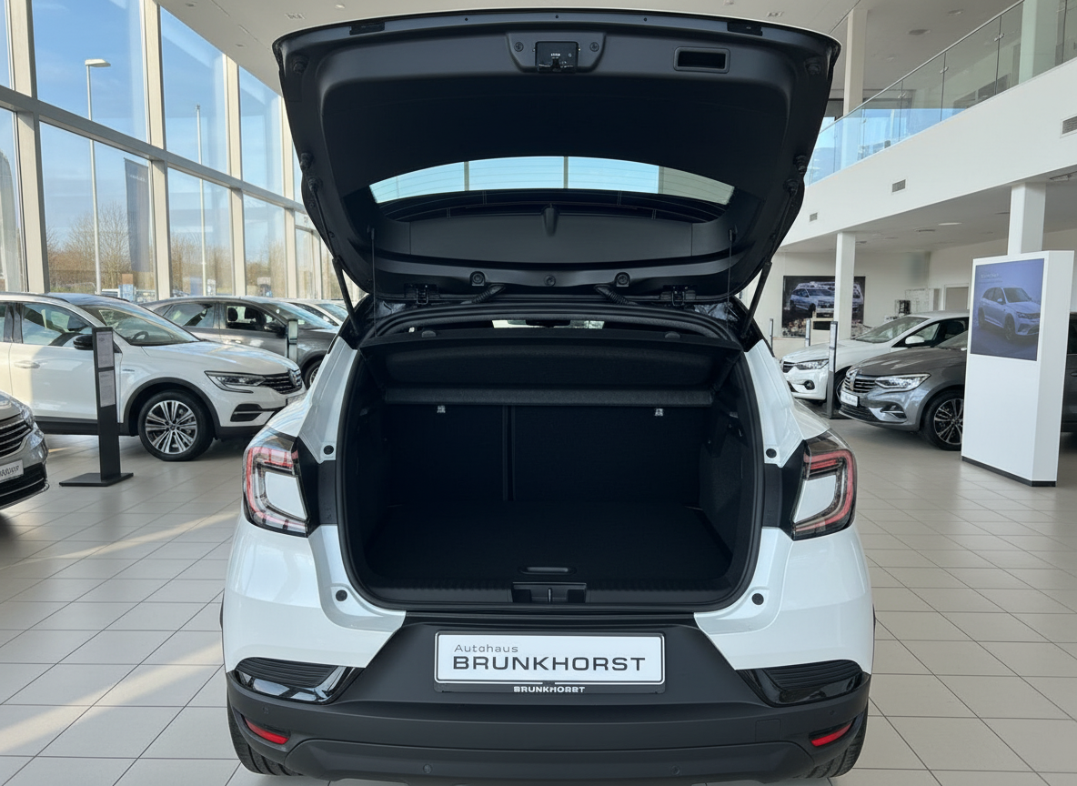 Weißer SUV mit geöffnetem Kofferraum im Autohaus Brunkhorst Showroom