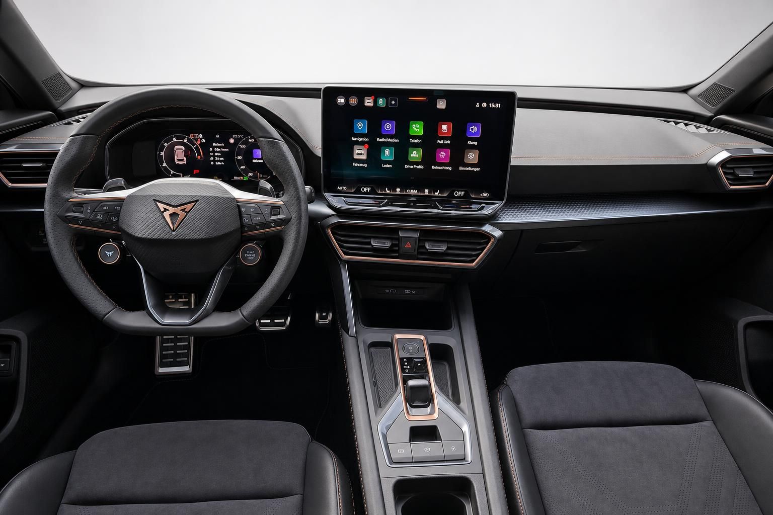 Cupra Cockpit mit Lenkrad und Touchscreen Infotainment