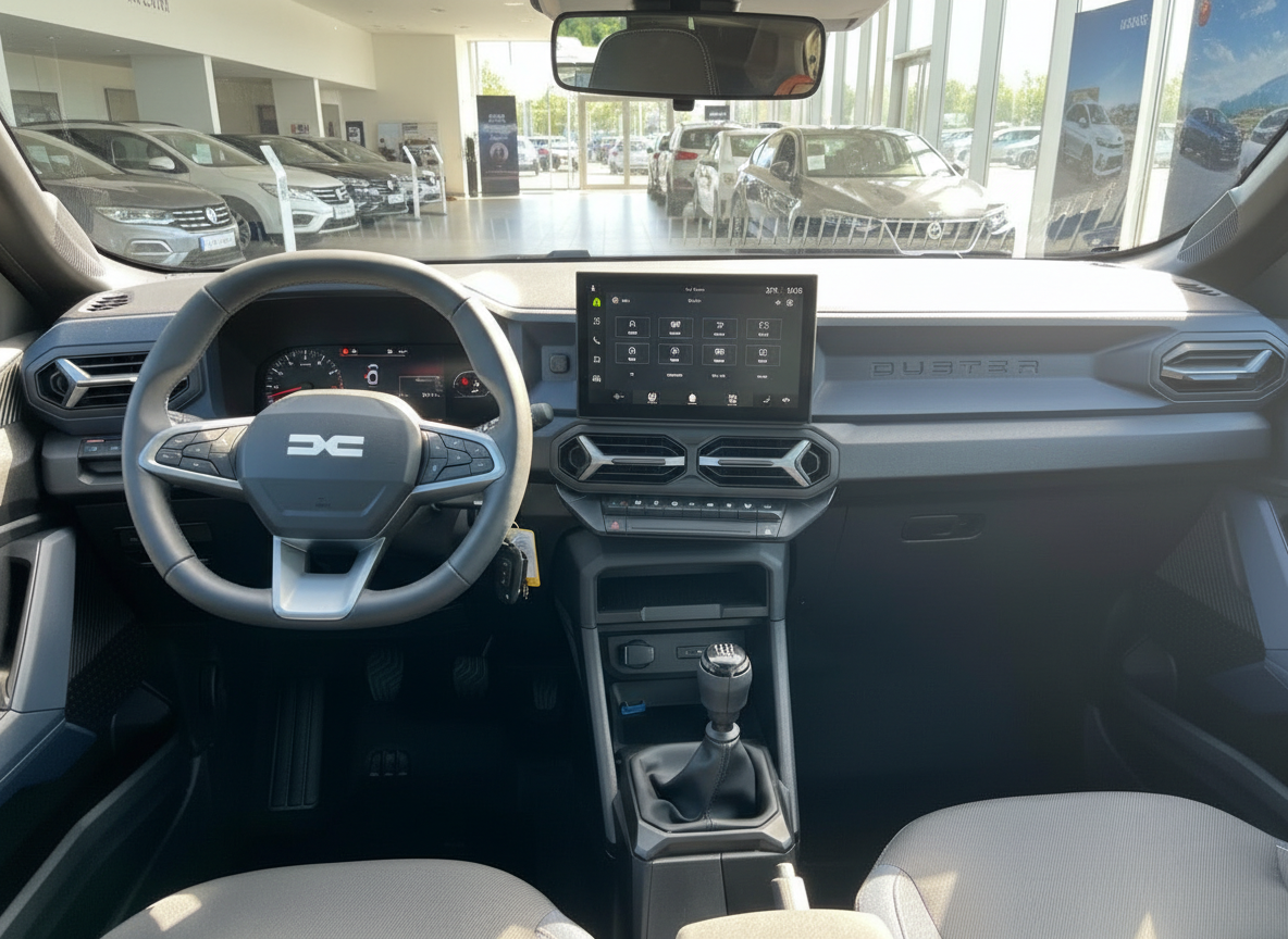 Dacia Duster Innenraum mit Touchscreen, Schaltgetriebe und modernem Cockpit im Autohaus