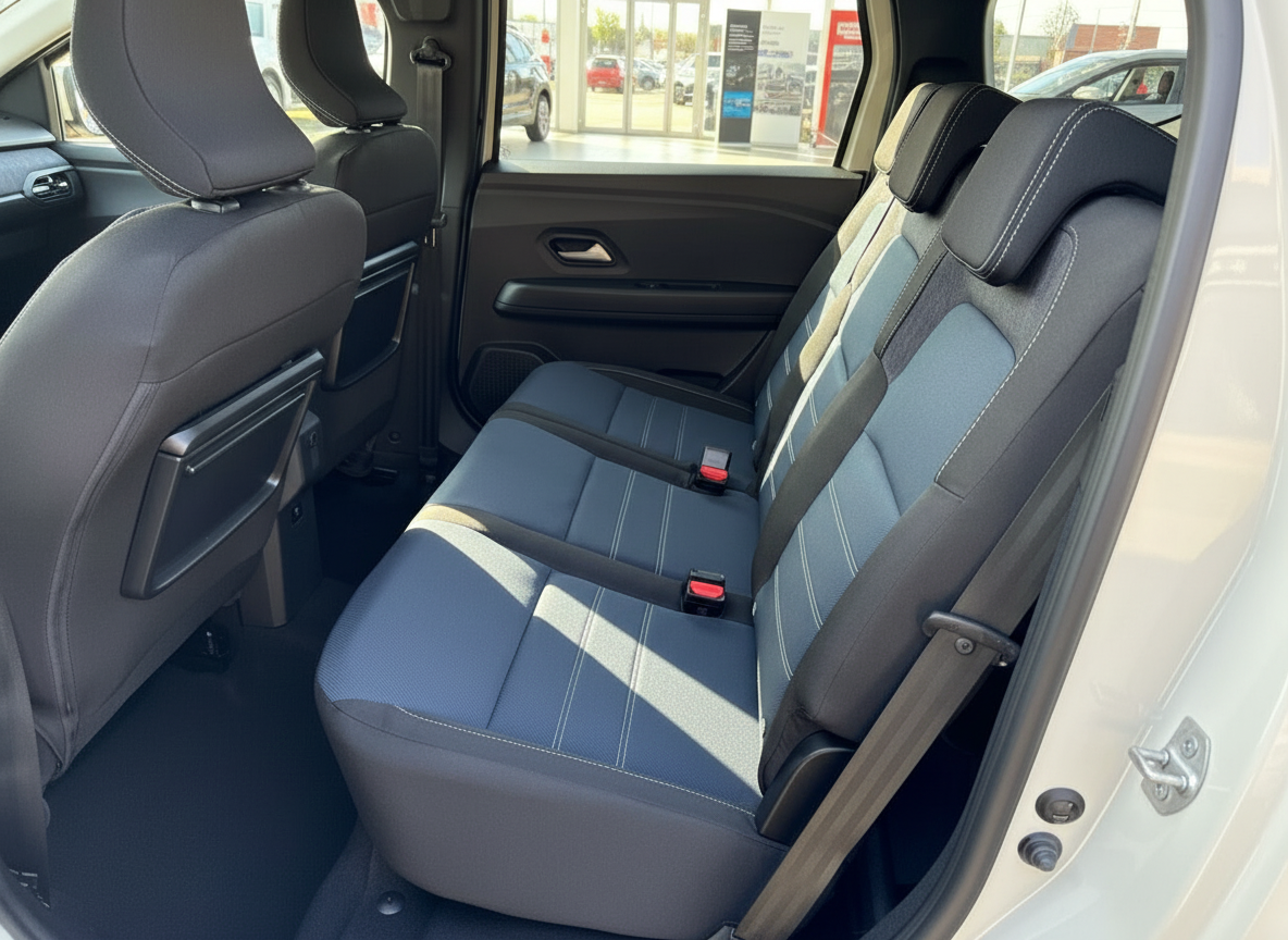 Fahrzeug Innenraum Rücksitzbank mit blau-schwarzem Stoffbezug und Sicherheitsgurten