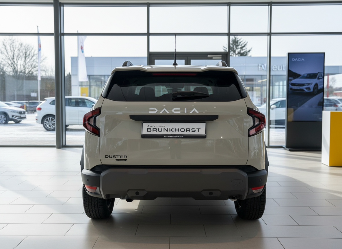 Dacia Duster SUV Heckansicht in Beige im Autohaus Brunkhorst Showroom