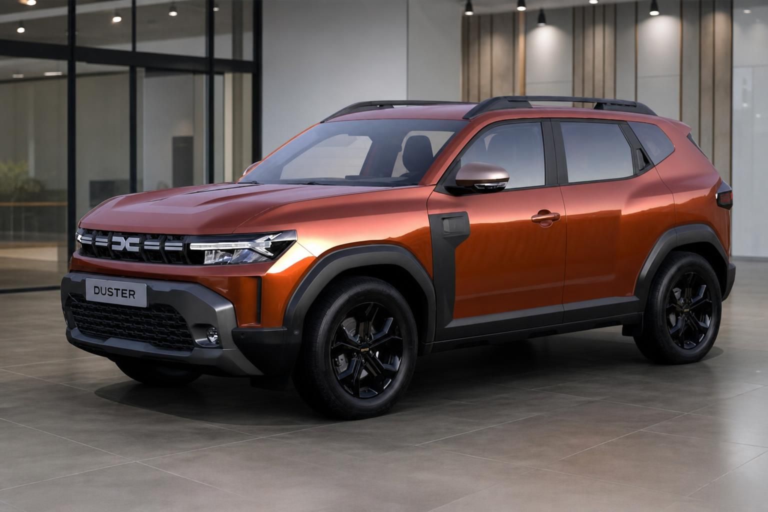 Dacia Duster in Orange, Frontansicht seitlich im Autohaus