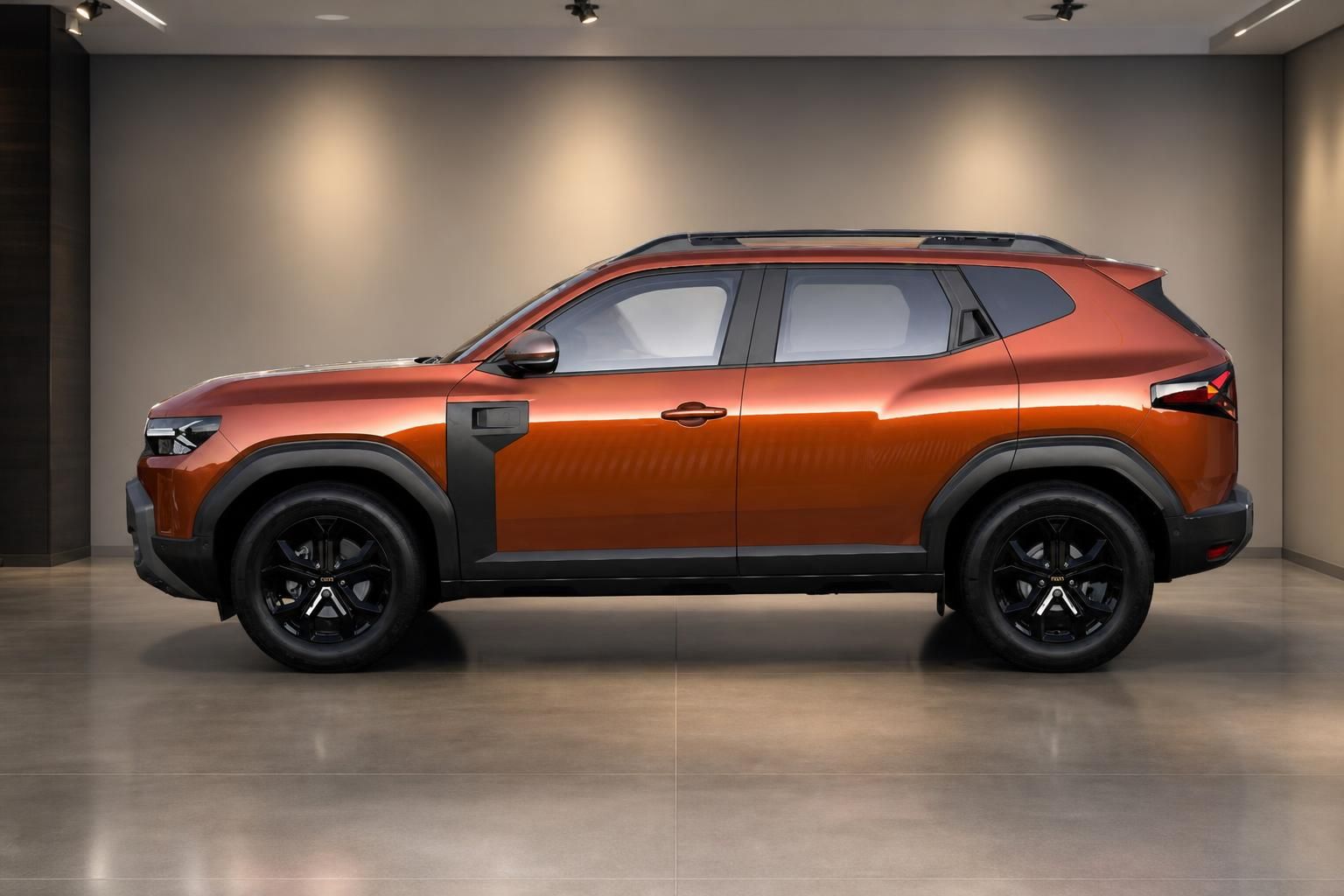 Dacia Duster in Orange, seitliche Profilansicht im Showroom
