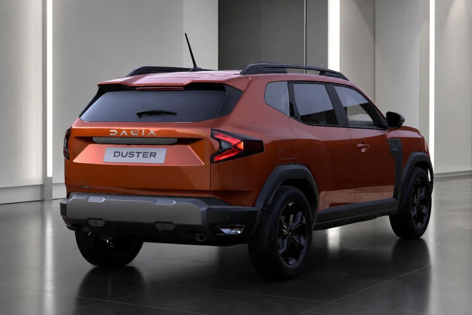 Dacia Duster orange, Heck-Seitenansicht in der Ausstellung