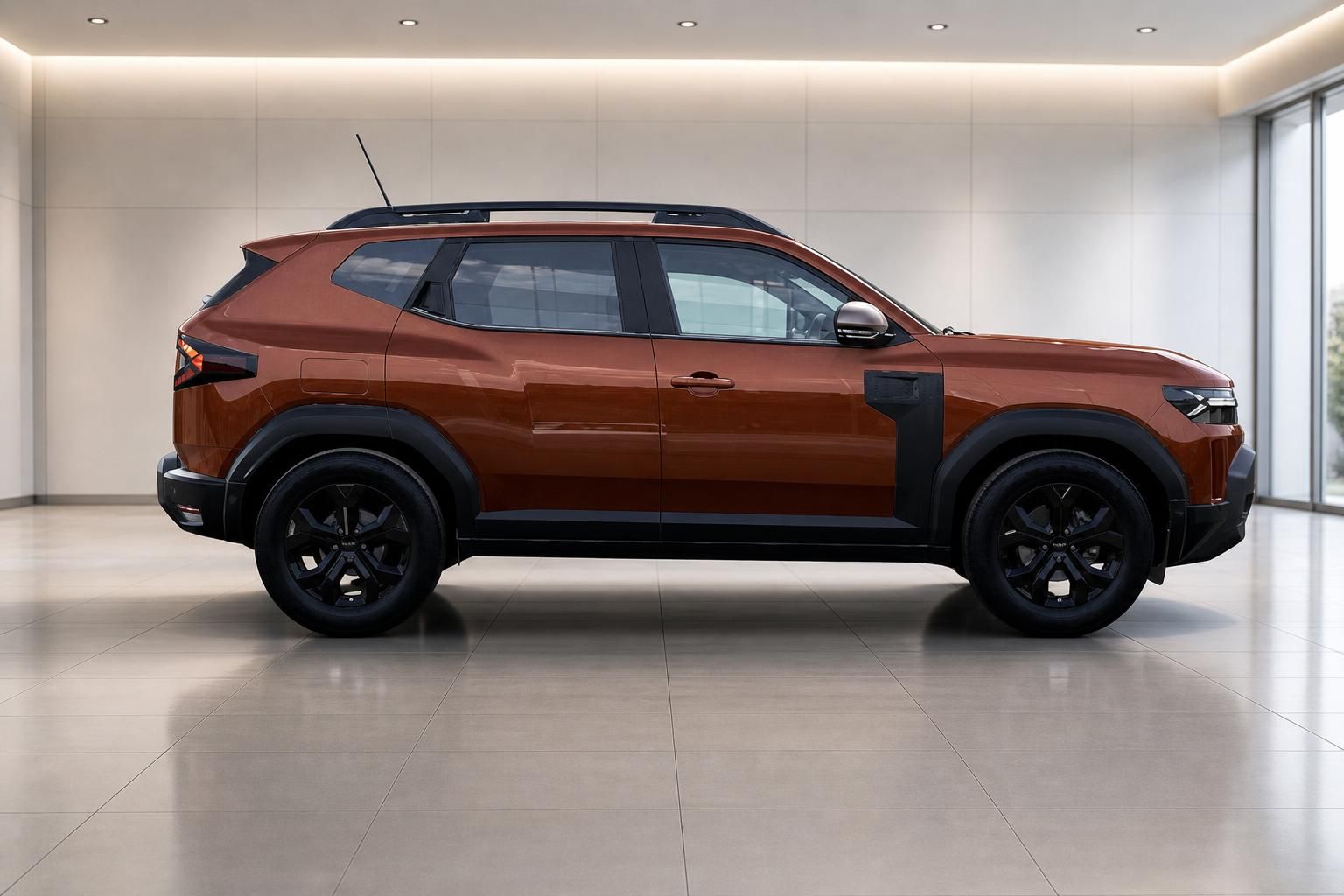 Dacia Duster orange, Seitenansicht im modernen Showroom