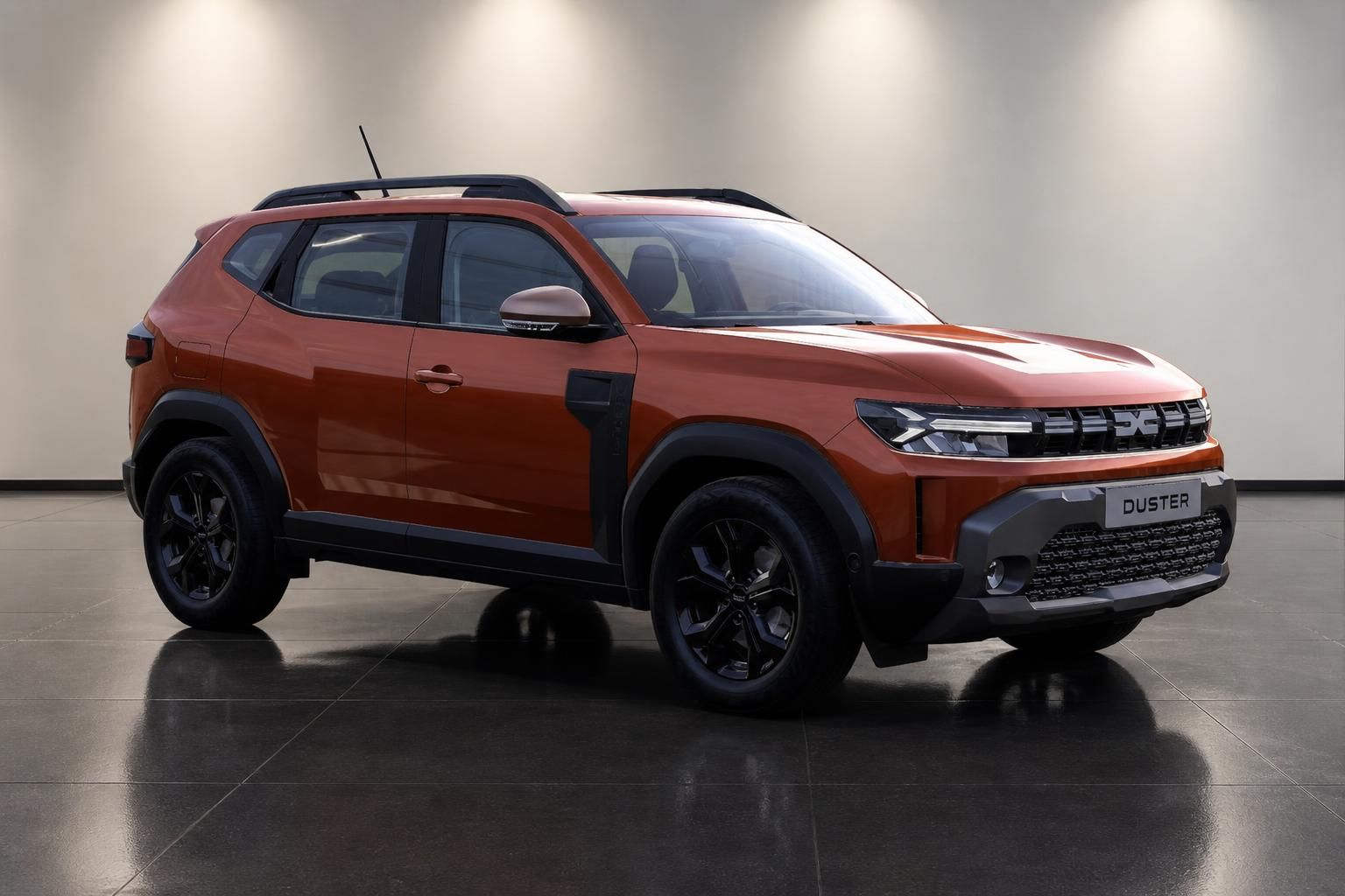 Dacia Duster orange in Frontansicht seitlich im Showroom