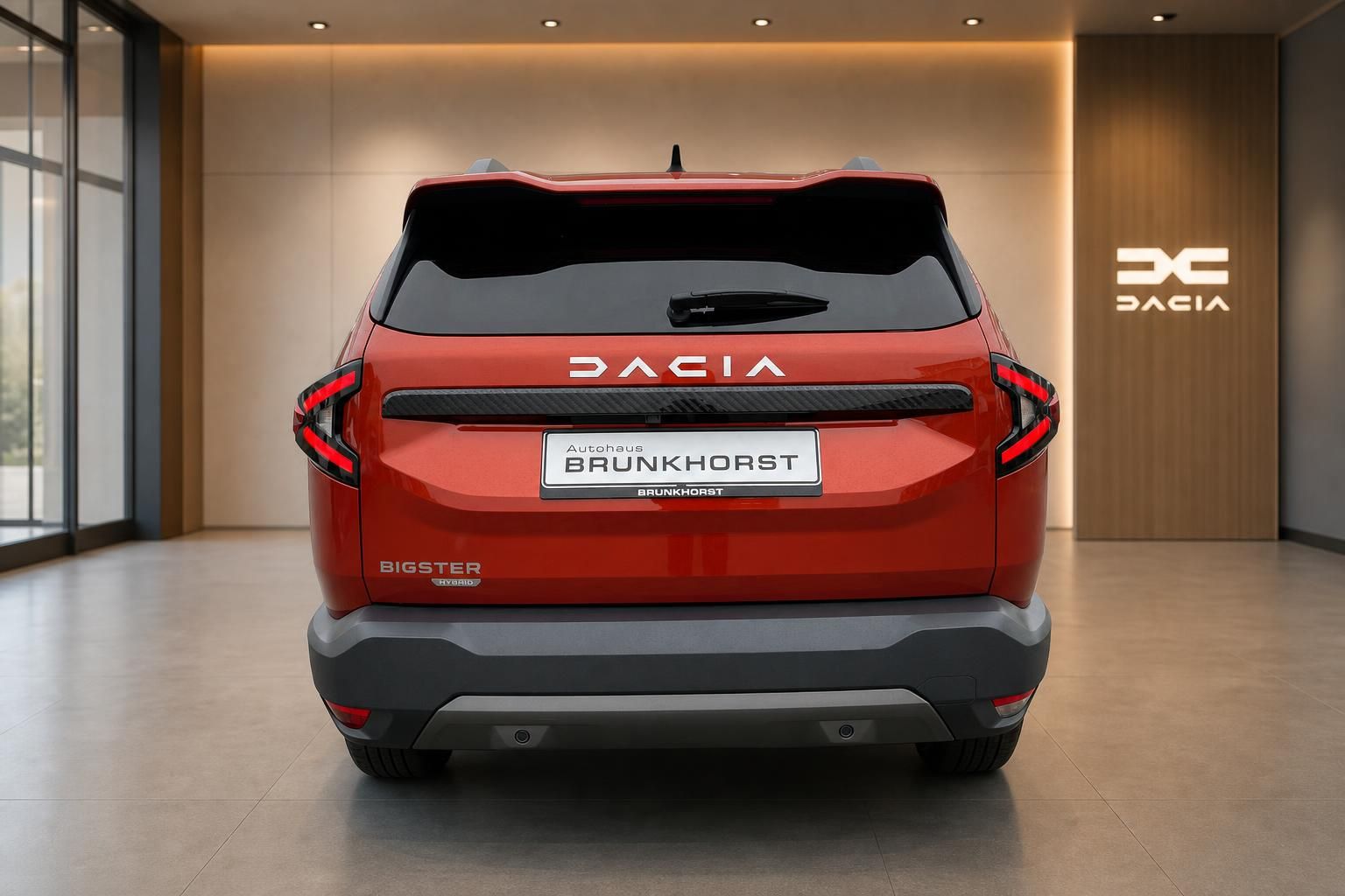 Dacia Bigster SUV in Orange - Heckansicht mit LED-Rückleuchten und Bigster Schriftzug