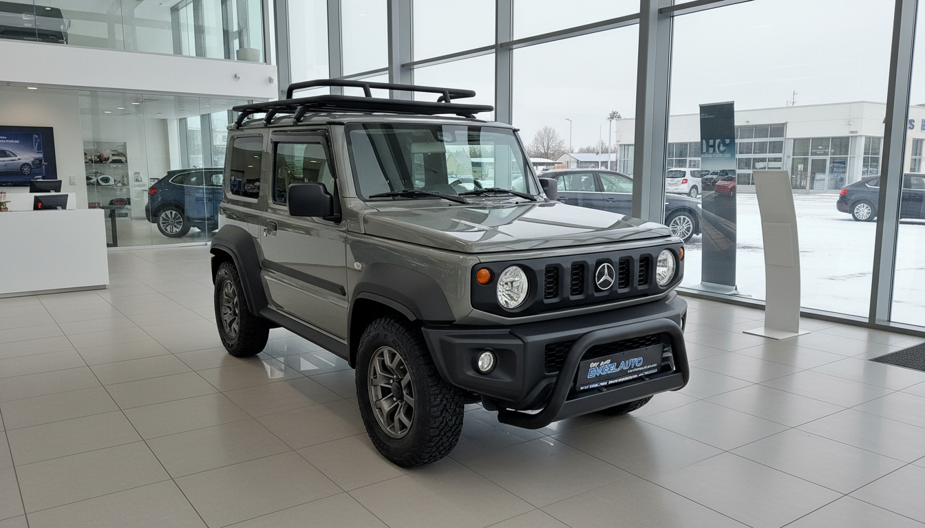 Suzuki Jimny Geländewagen in Grau mit schwarzem Dachträger und Offroad-Bereifung im Autohaus Engelauto Showroom