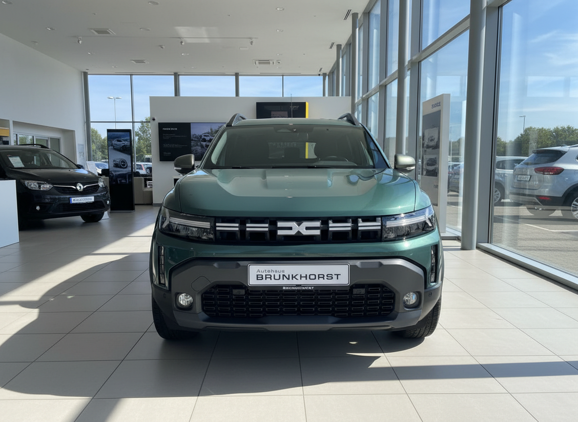 Dacia Duster SUV in Grün Frontansicht im Autohaus Brunkhorst Showroom