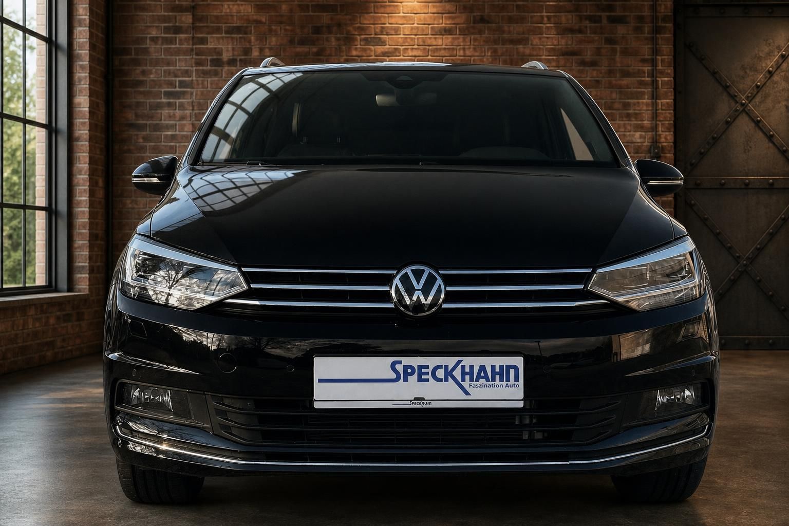 VW Touran schwarz Frontansicht mit LED-Scheinwerfern in Halle