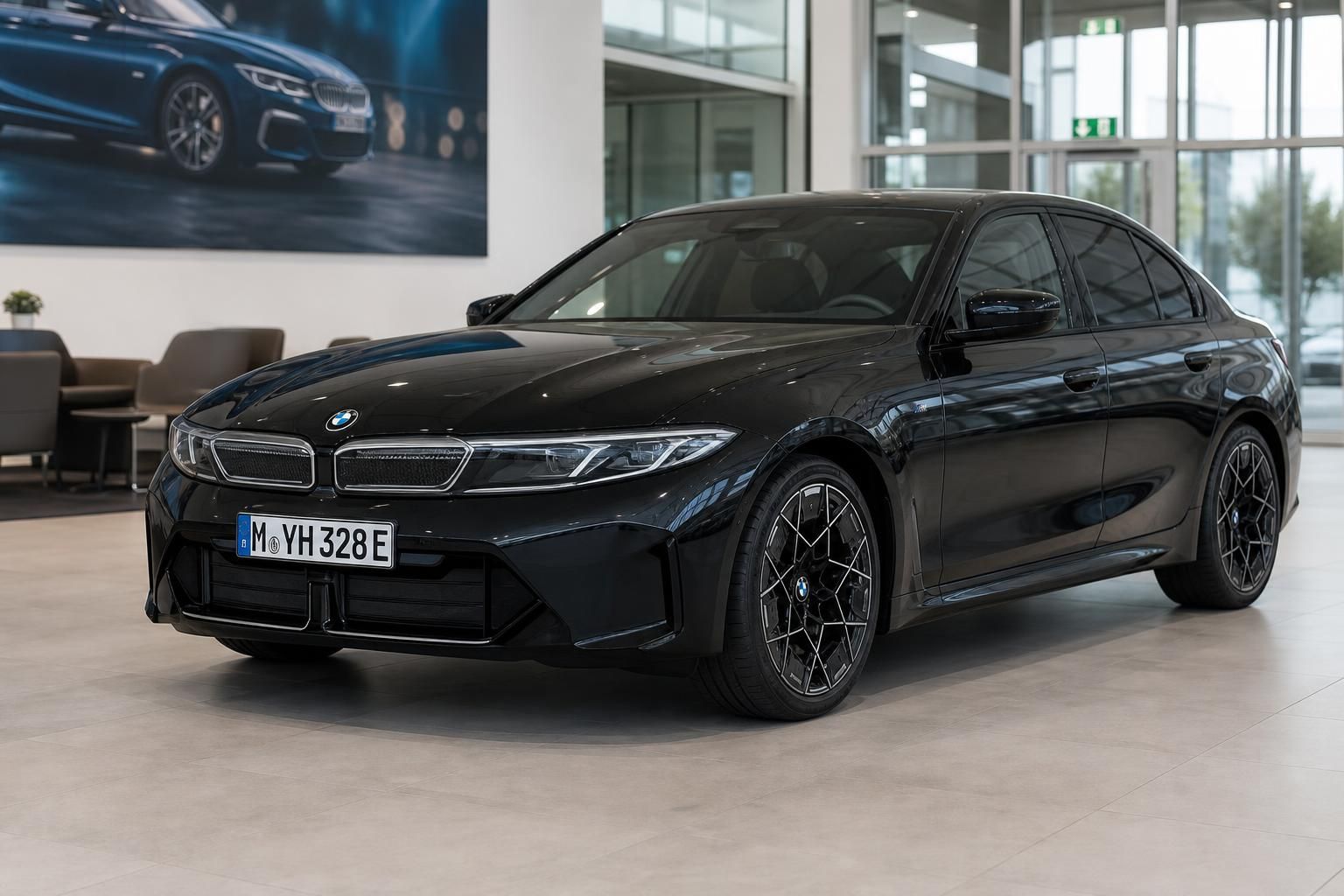 Schwarzer BMW M Limousine Frontansicht im Autohaus präsentiert