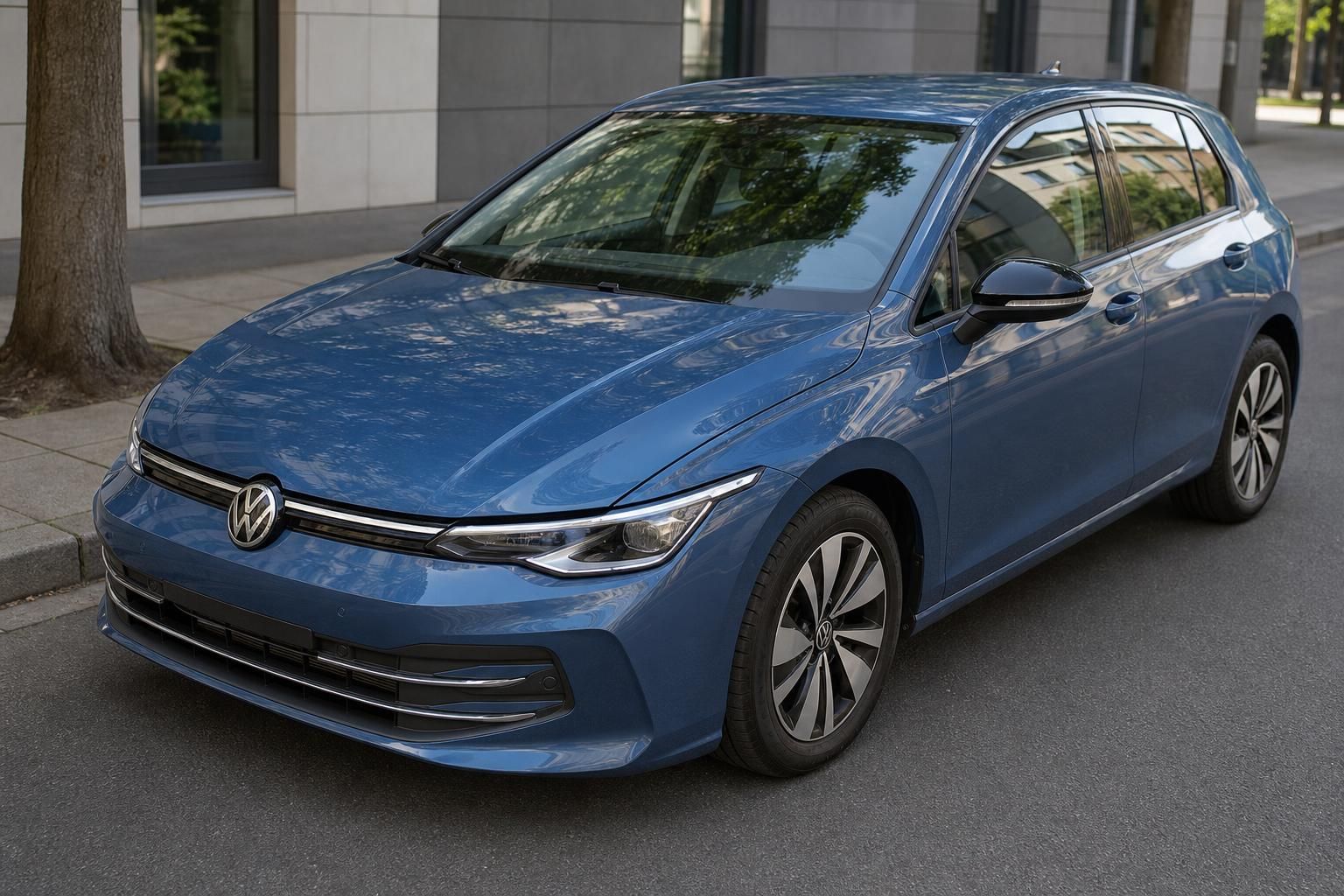 Volkswagen Golf blau, Seitenansicht schraeg vorne