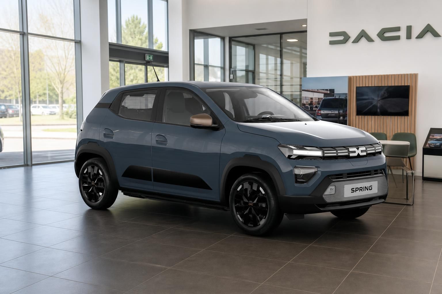 Dacia Spring in Blau, Frontansicht im Dacia Showroom