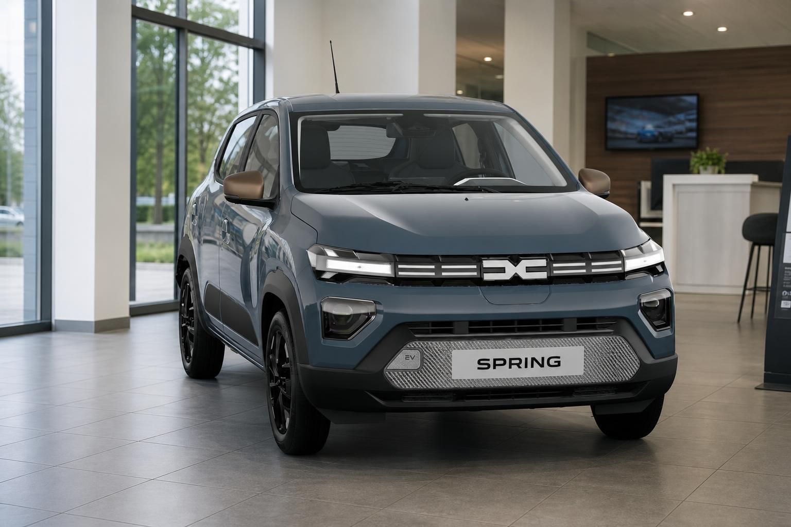 Dacia Spring Frontansicht in Blau im Autohaus Showroom