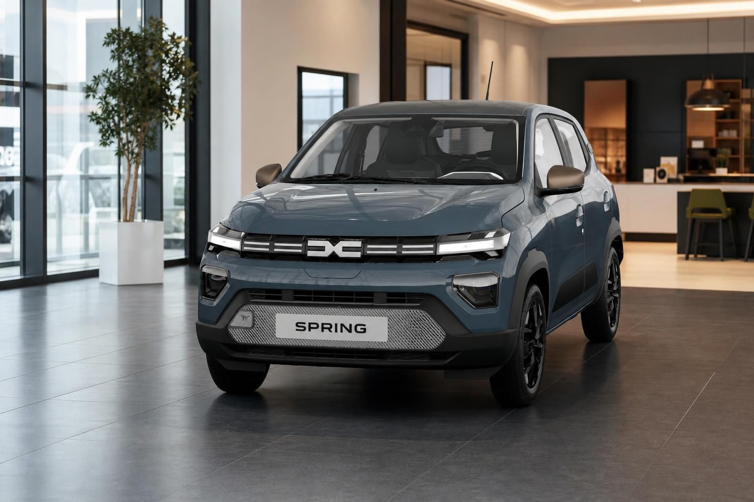 Dacia Spring in Blaugrau, Frontansicht im Autohaus-Showroom