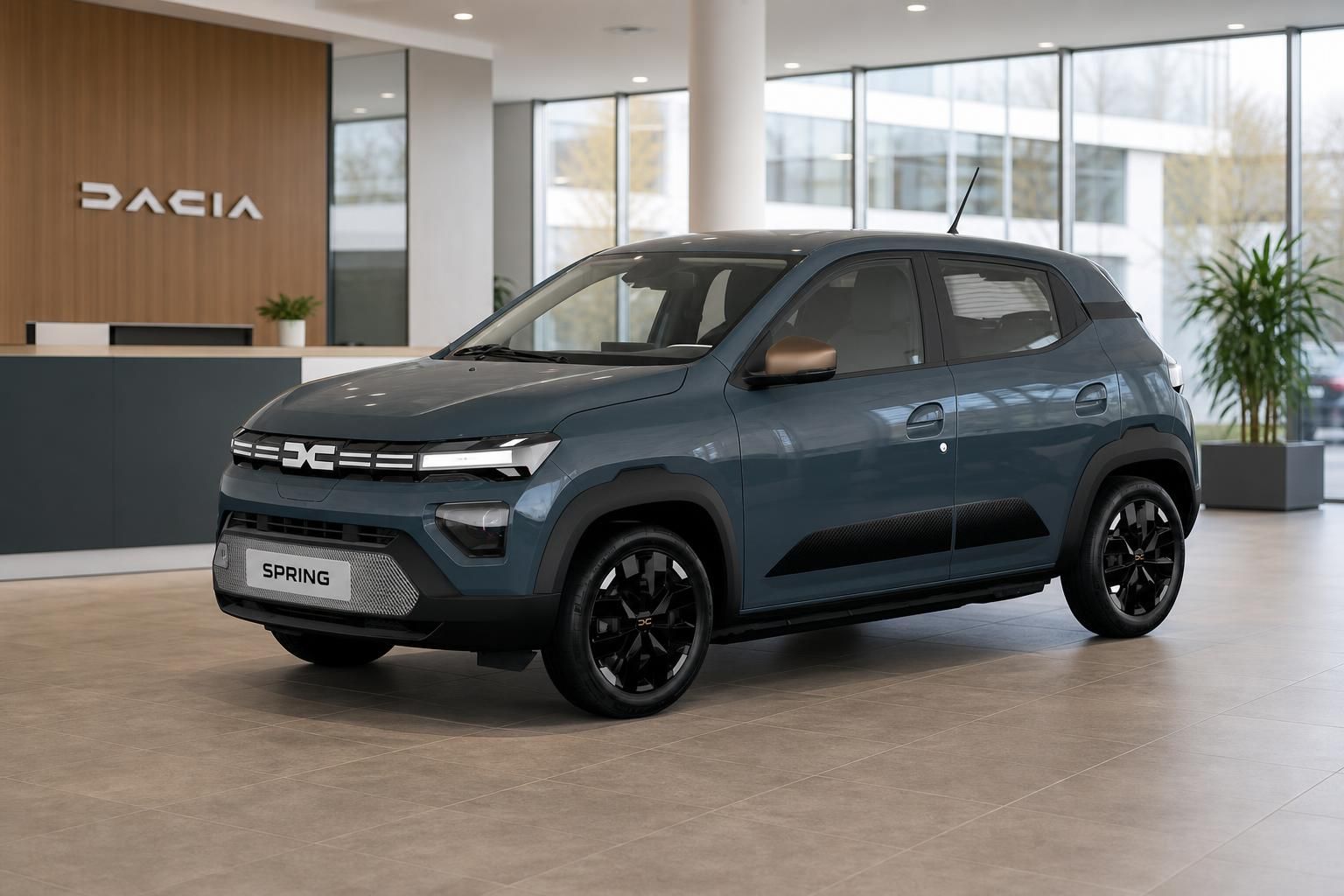Dacia Spring Elektro in Blau-Grau, Frontansicht im Autohaus