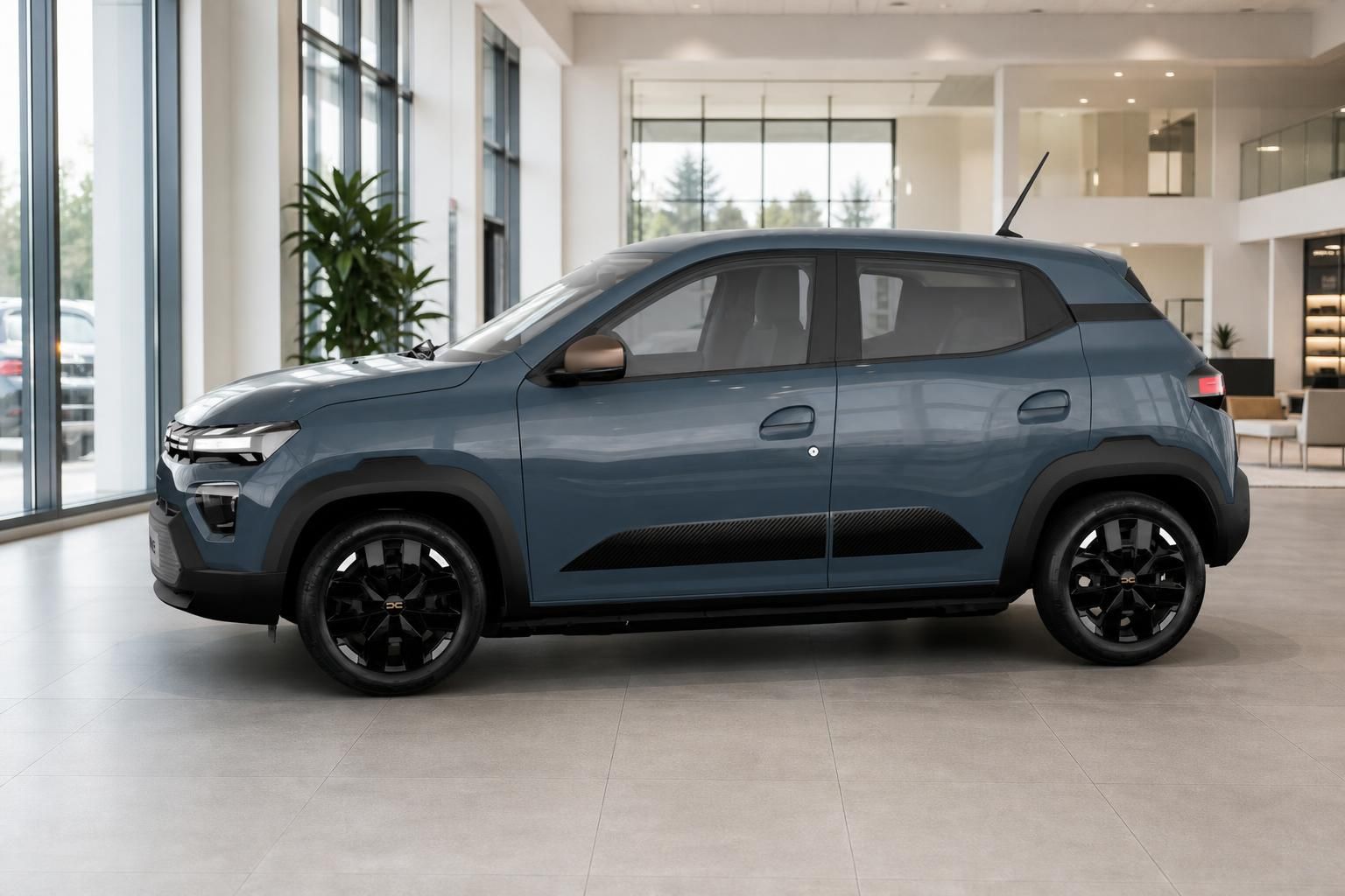 Dacia Spring Elektro Seitenansicht, Showroom, blau-graue Lackierung