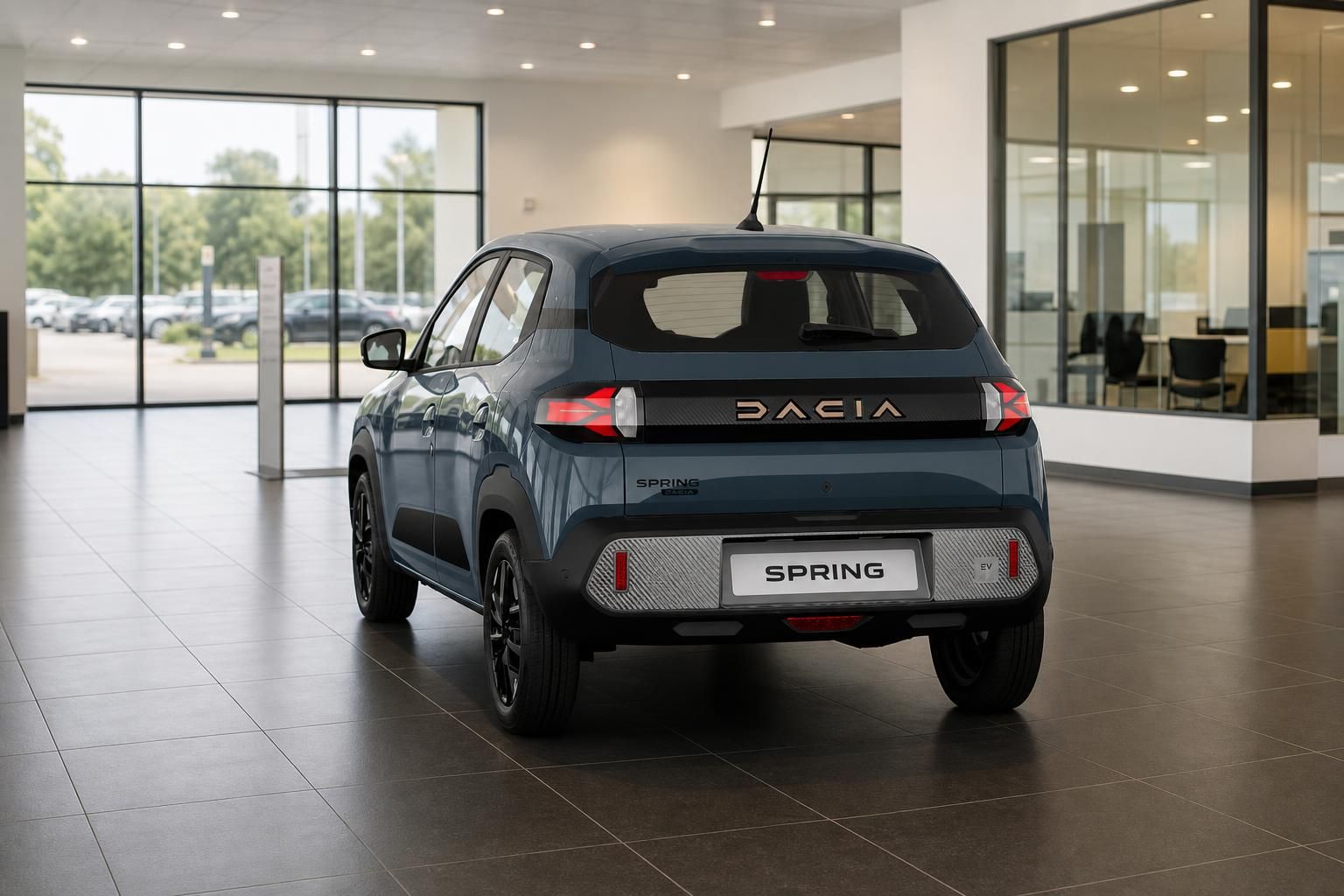 Dacia Spring EV Heckansicht, blau-graue Lackierung im Showroom