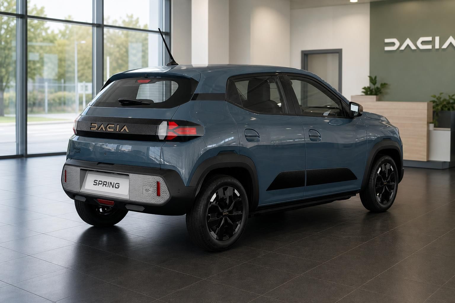 Dacia Spring Elektroauto Blau, Seiten-Heckansicht im Showroom