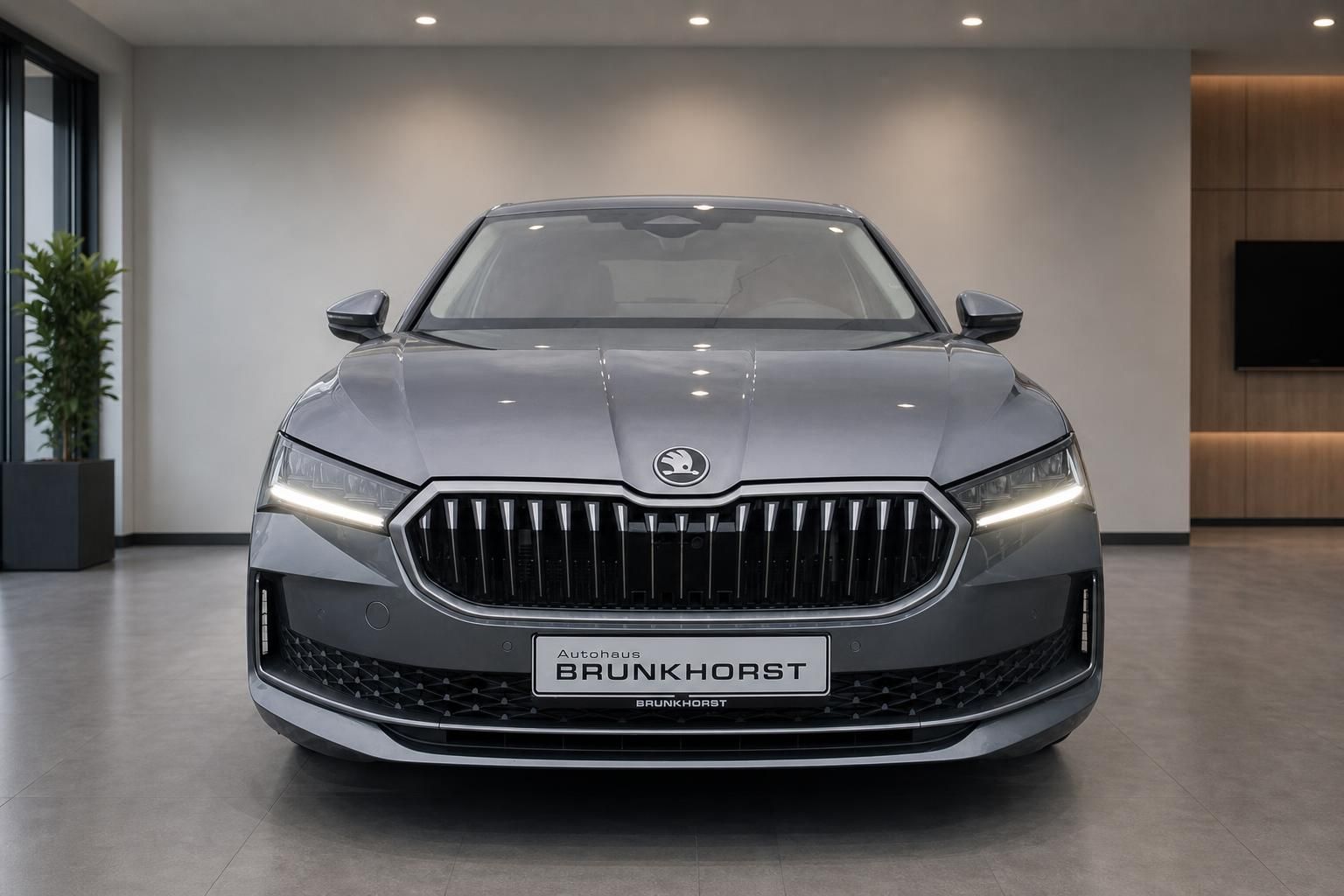 Skoda Frontansicht grau metallic mit LED-Scheinwerfern im Autohaus Brunkhorst