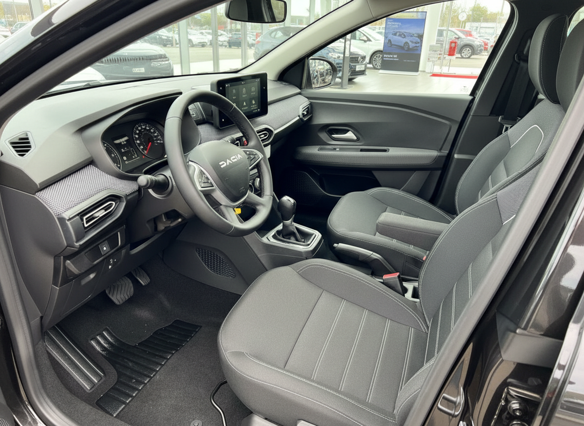 Dacia Sandero Innenraum mit Stoffsitzen, Lenkrad, Infotainment-Display und Schaltgetriebe