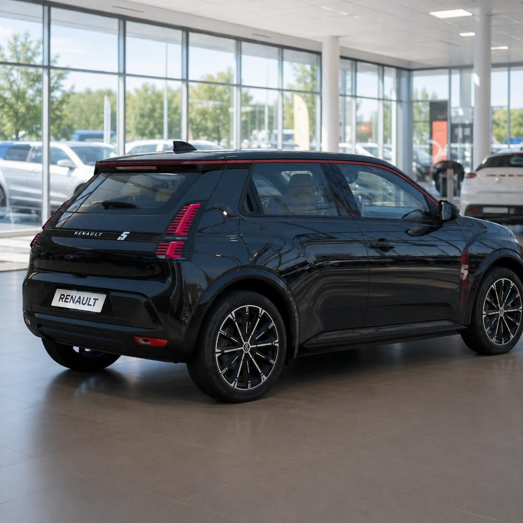 Schwarzer Renault Kleinwagen mit roten Akzenten - Heckansicht im hellen Autohaus-Showroom