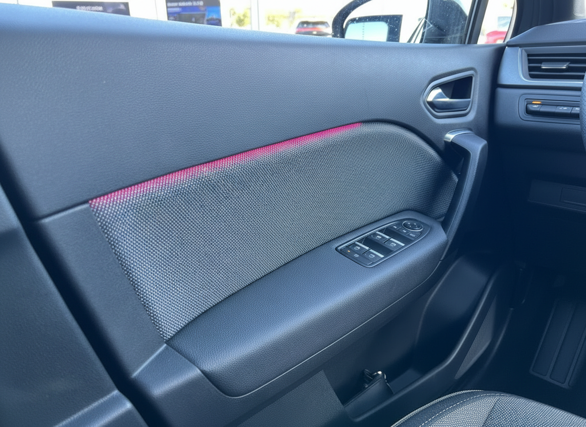 Fahrzeuginnenraum Fahrertür mit schwarzem Leder, pinkem Akzentstreifen und Fensterheber-Schaltern