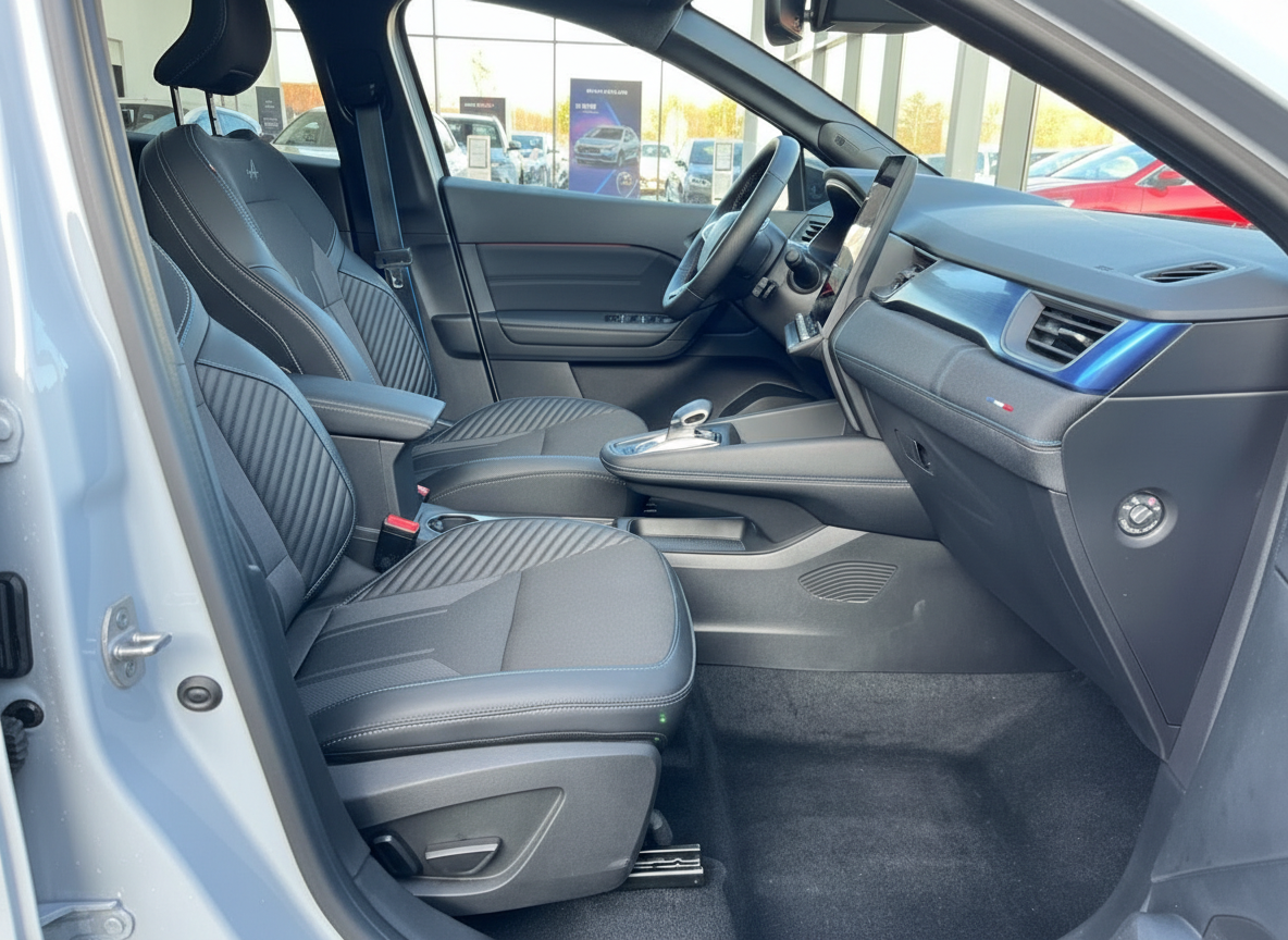 Alpine A290 Innenraum mit schwarzen Sportsitzen und blauem Armaturenbrett-Akzent