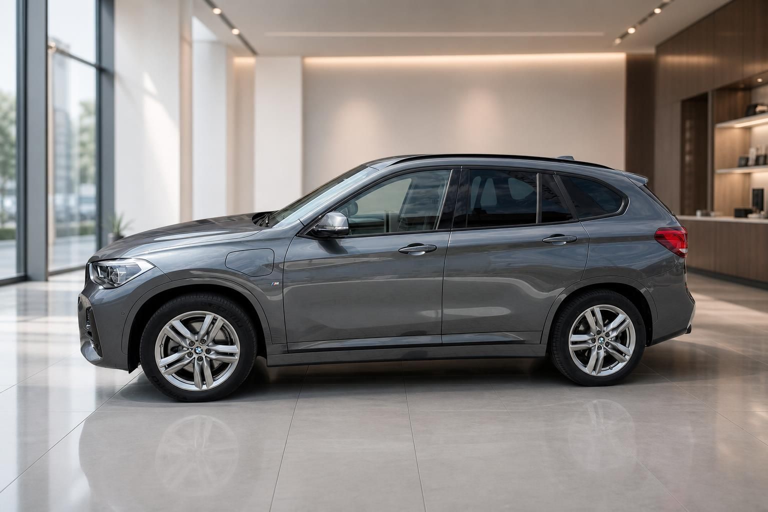BMW X1 grau Seitenansicht mit M-Sportpaket im Showroom