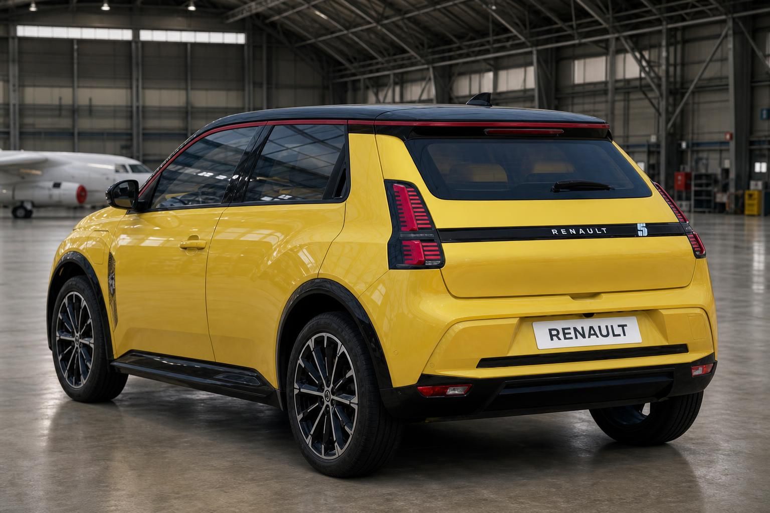 Renault 5 Elektroauto Heckansicht in Gelb mit LED-Rückleuchten und schwarzem Dach in Hangar
