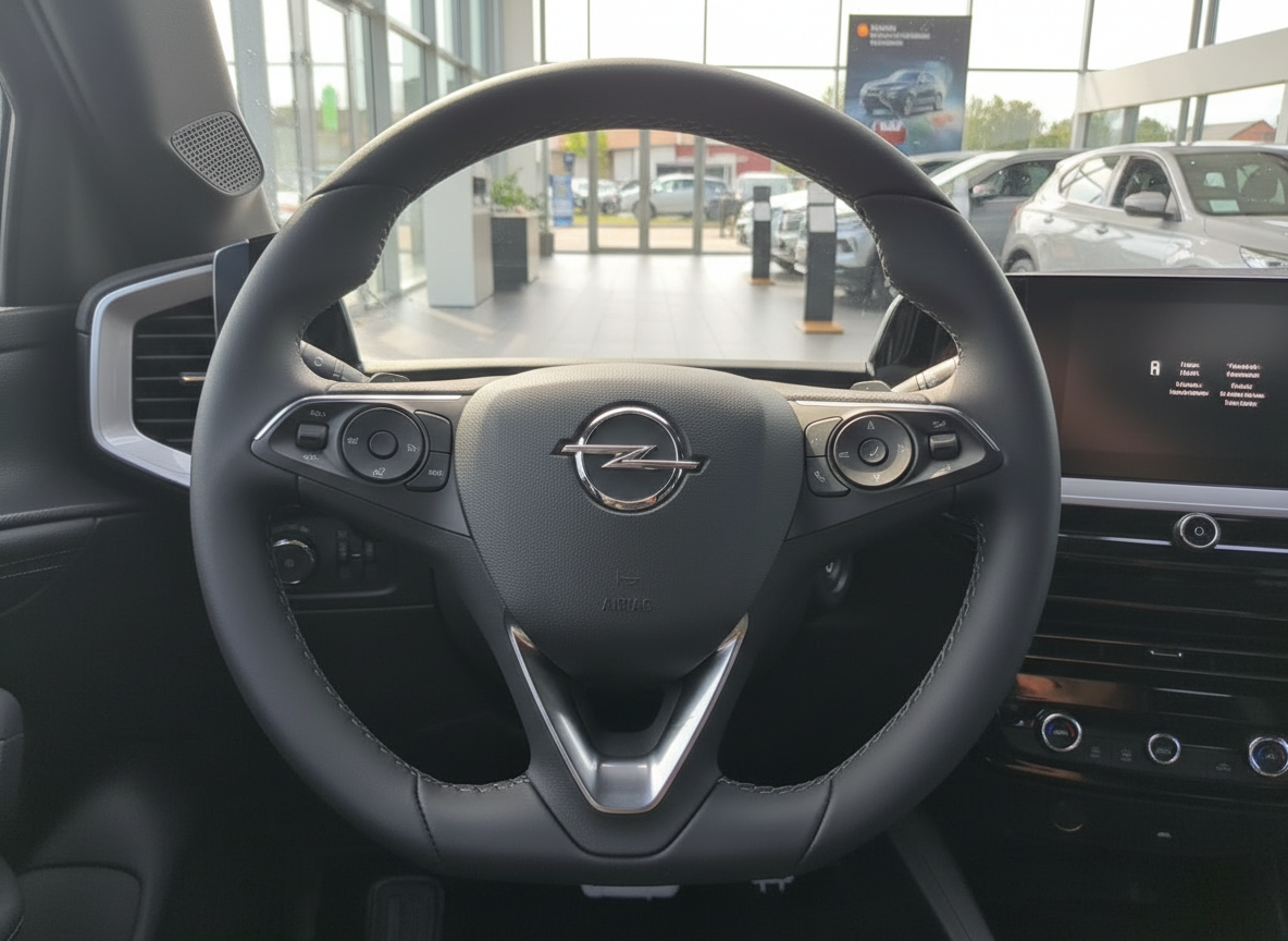 Opel Innenraum Lenkrad mit Opel-Logo und Multifunktionstasten im Autohaus