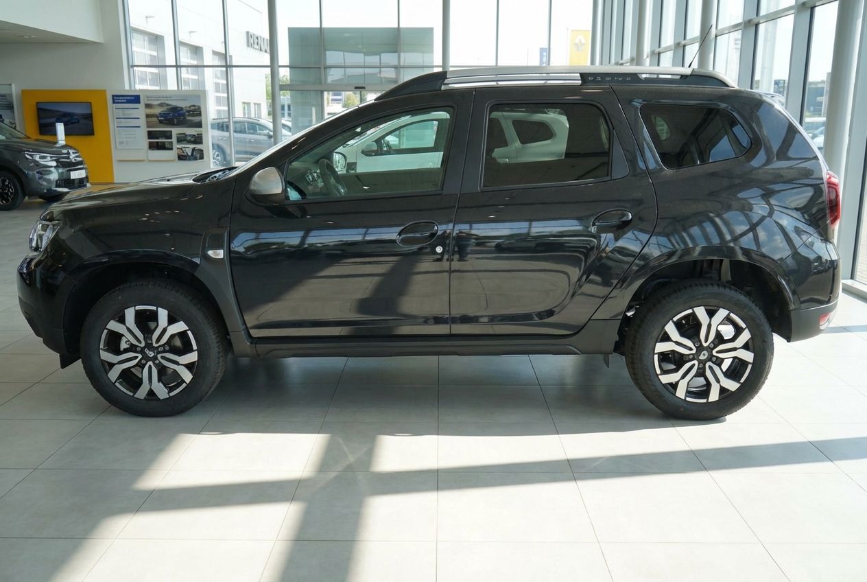 Dacia Duster SUV in Schwarz seitliche Ansicht im Renault Autohaus Showroom