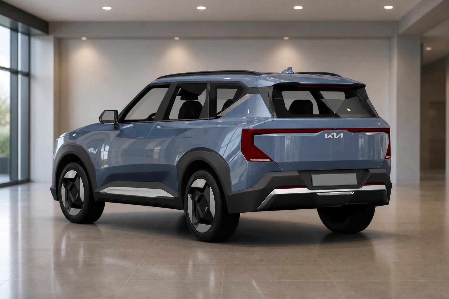 Kia SUV in Blau Heck-Seitenansicht im Showroom