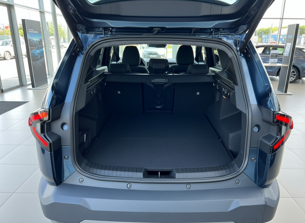 Geöffneter Kofferraum eines blauen SUV in Autohaus – geräumiger Laderaum