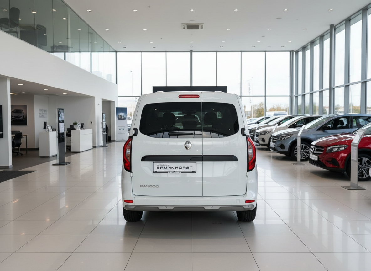 Weißer Renault Kangoo Van Heckansicht im Autohaus Brunkhorst Showroom