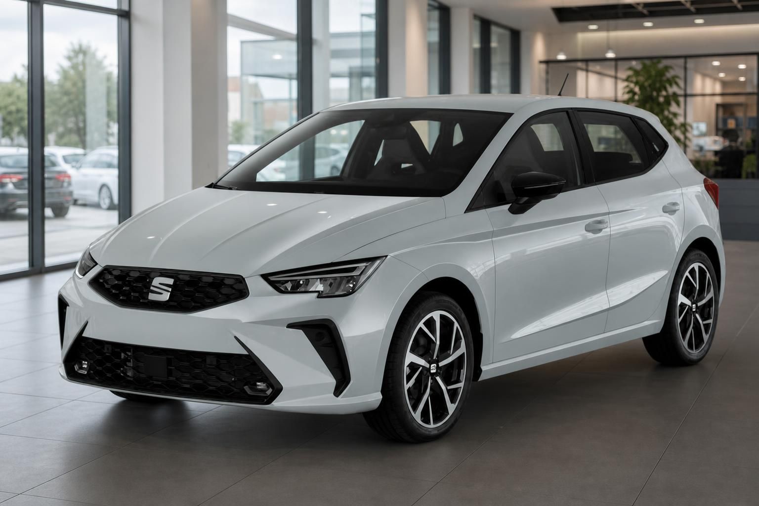 SEAT Ibiza FR weiss Schrägheck Frontansicht im Autohaus – sportliches Design und Leichtmetallfelgen