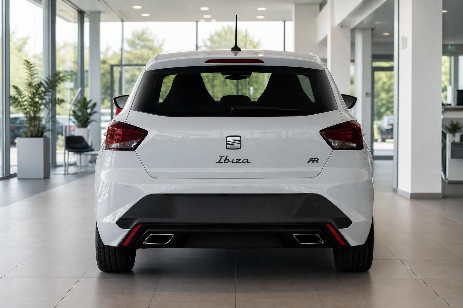 SEAT Ibiza FR weiss Heckansicht im Autohaus – Rückleuchten und Doppelendrohr-Optik