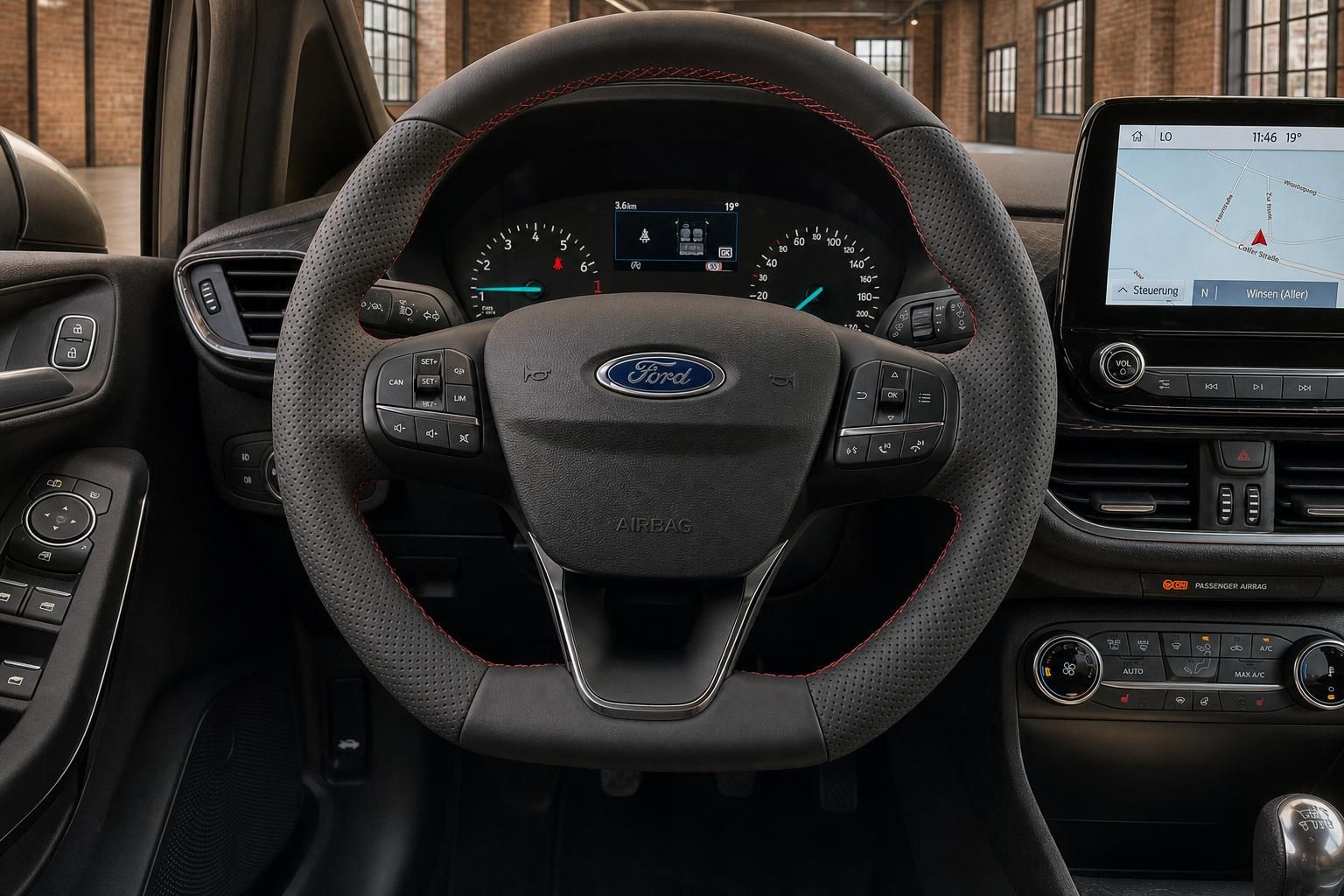 Ford Fiesta Lenkrad Nahaufnahme – Multifunktionstasten, Tacho und Navigationsdisplay