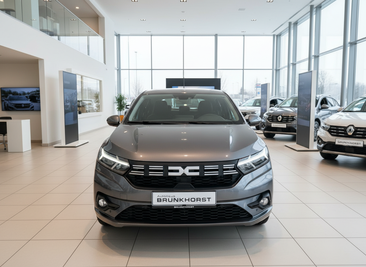 Grauer Dacia Sandero Frontansicht im Autohaus Brunkhorst Showroom