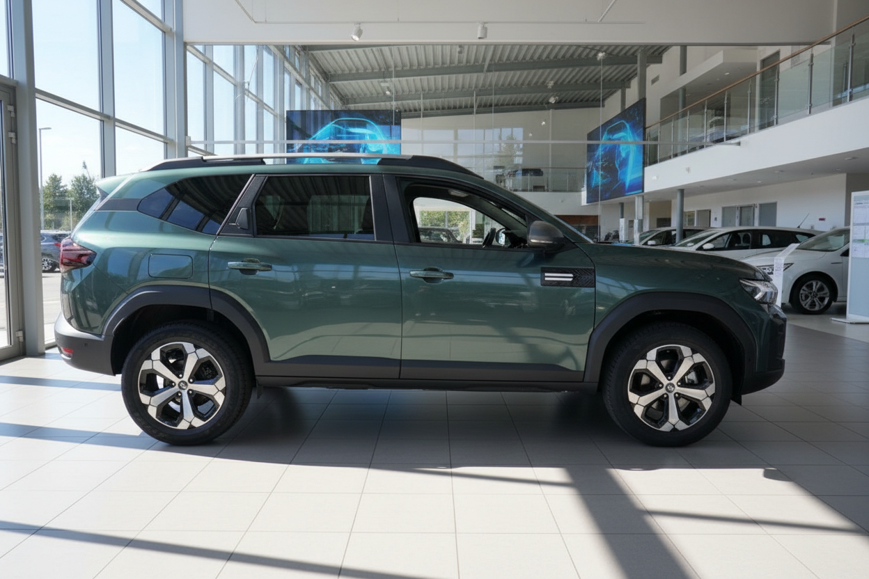 Dacia Jogger SUV in Dunkelgrün in modernem Autohaus – Seitenansicht