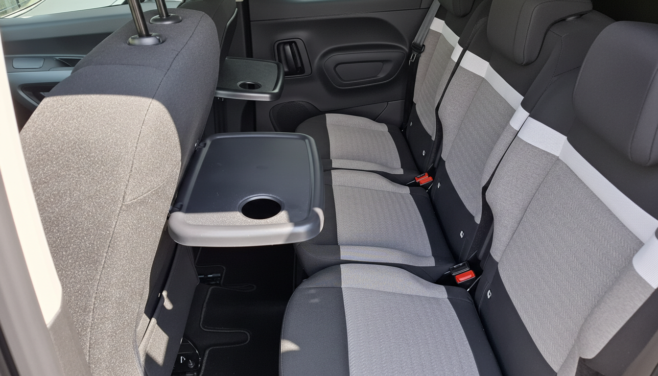 Geräumige Rücksitzbank eines Familienvans mit grauem Stoffbezug, ausklappbarem Tisch mit Getränkehalter und Sicherheitsgurten für drei Sitzplätze