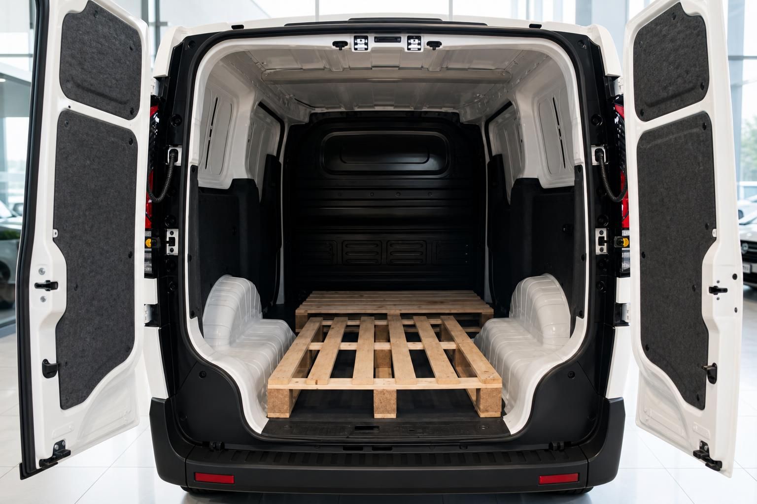 Kia PV5 Cargo Laderaum mit Holzpalette, Türen offen