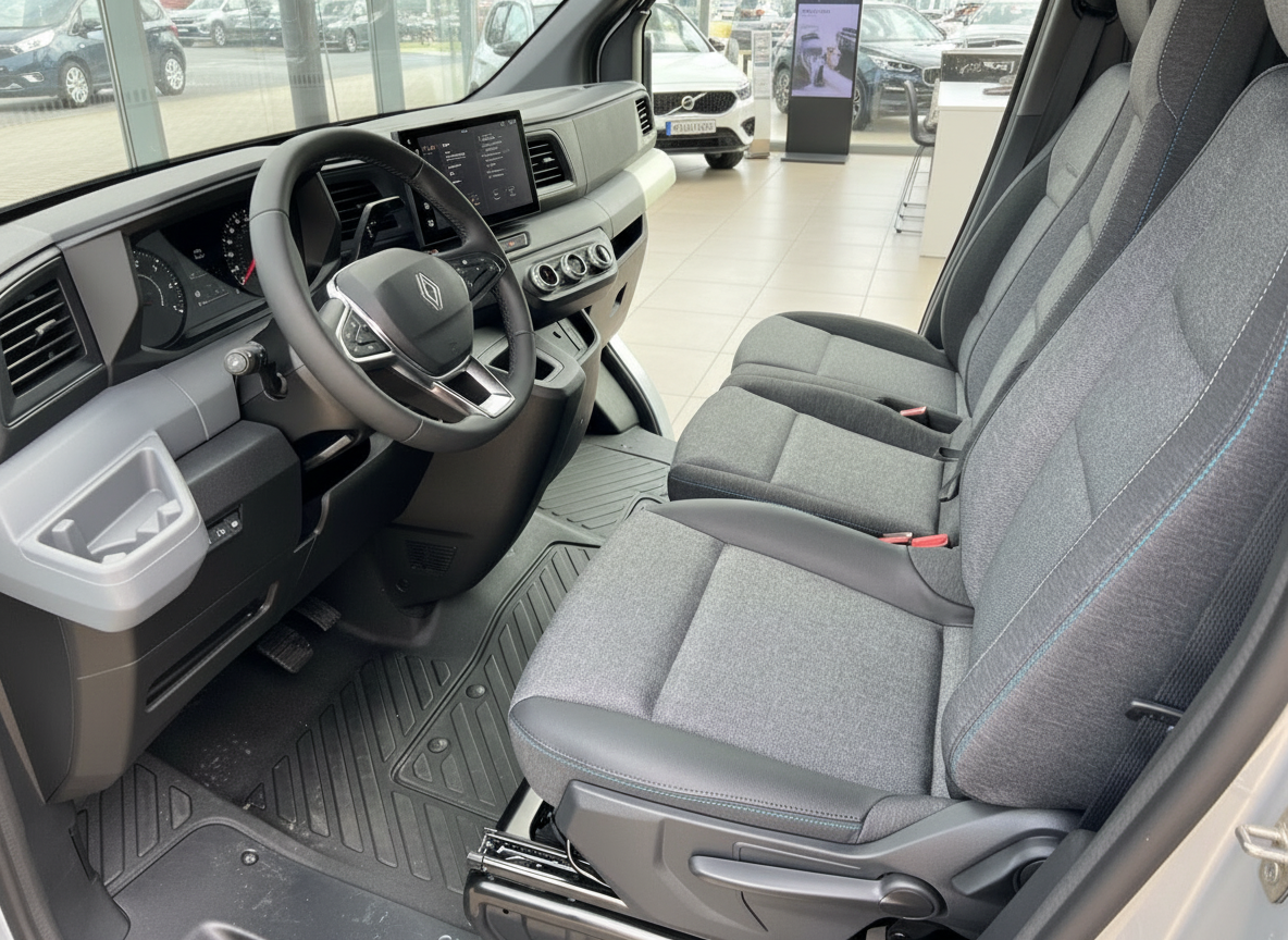Renault Master Innenraum Fahrerkabine mit modernem Cockpit, Touchscreen und Doppelsitzbank