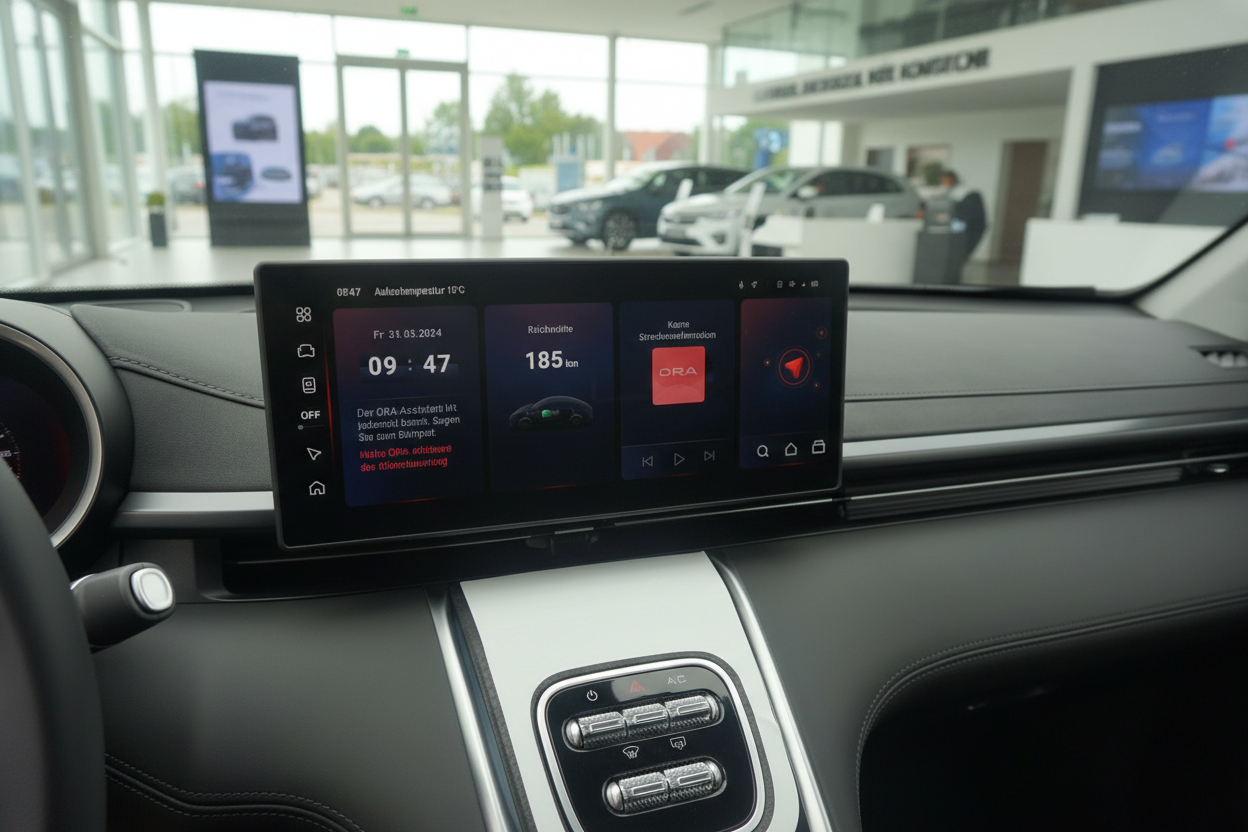 ORA Fahrzeug Innenraum mit Infotainment-Display im Autohaus, Reichweite 185 km
