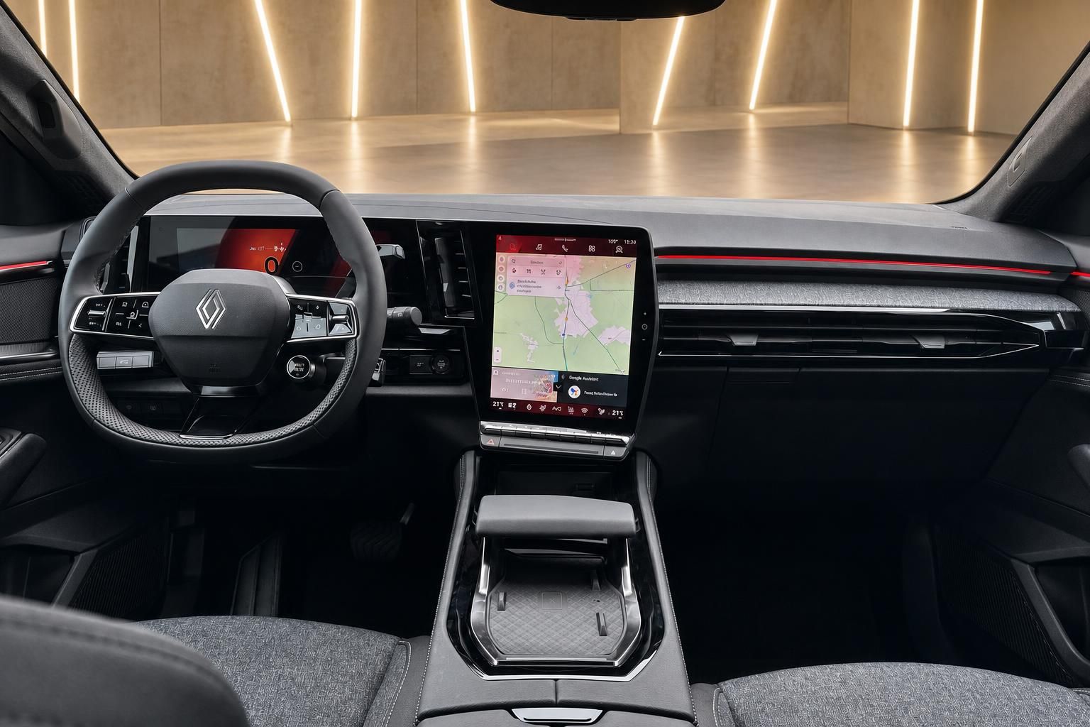 Renault Austral Innenraum - modernes Cockpit mit Touchscreen, Lenkrad und graue Stoffsitze