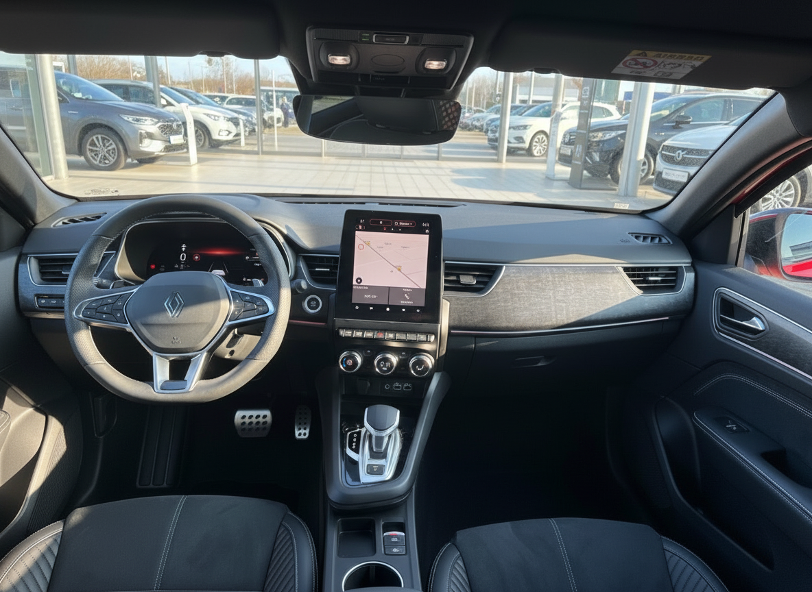 Renault Innenraum mit digitalem Cockpit, großem Touchscreen-Navigationssystem und schwarzem Ledersitze