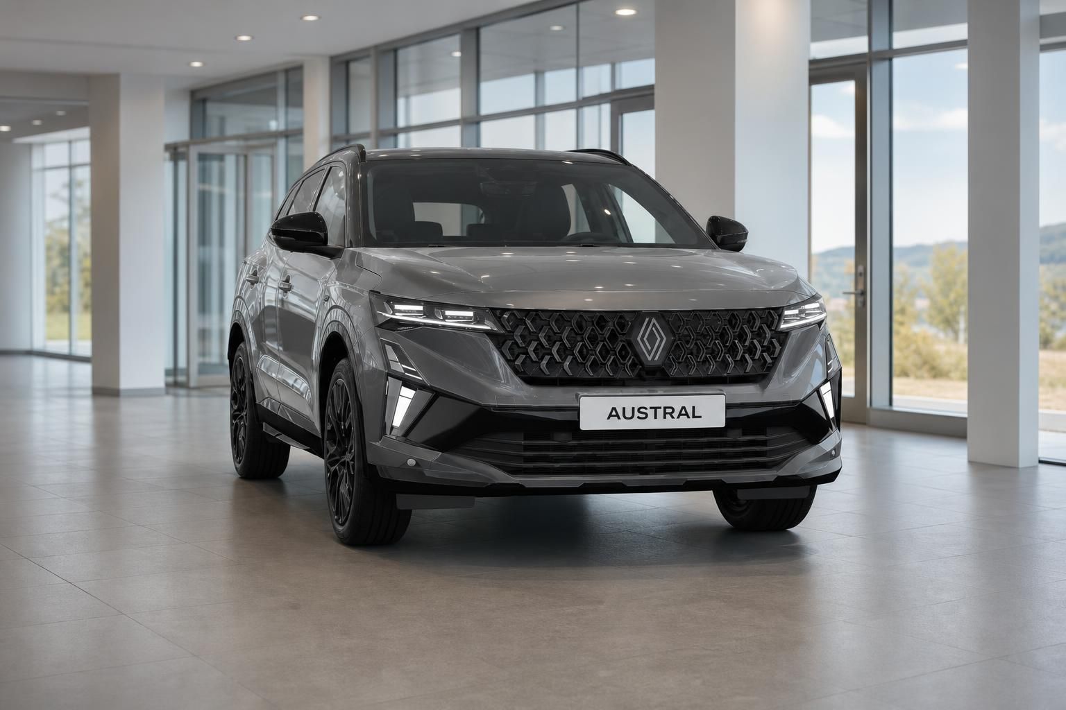 Renault Austral grau Frontansicht im modernen Autohaus