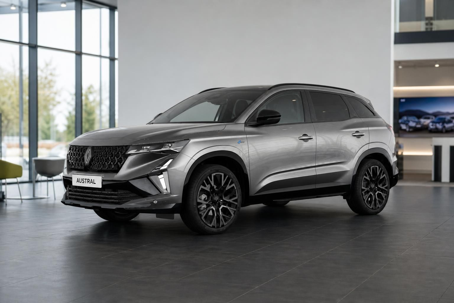 Renault Austral grau, Frontansicht schraeg im Showroom